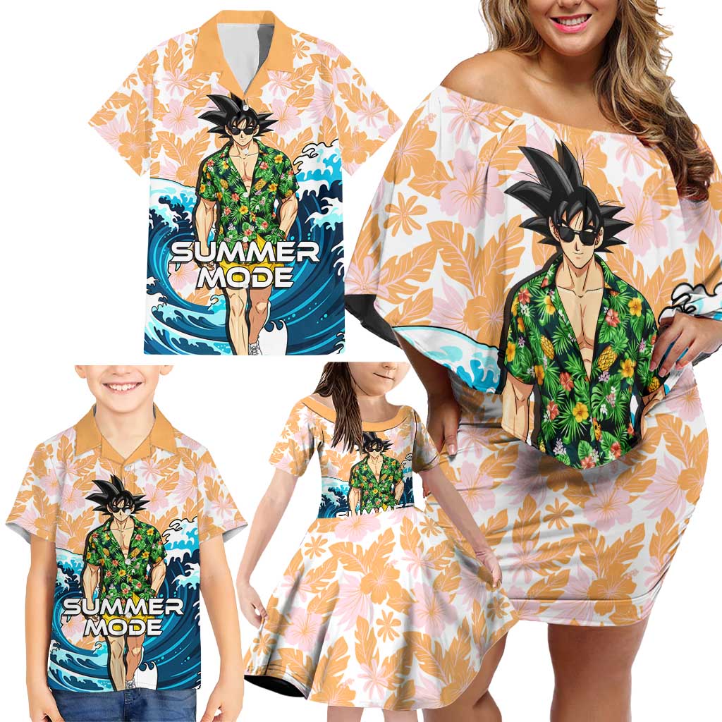 Goku Dragon Ball Summer Theme Family Matching Off Shoulder Short Dress and Hawaiian Shirt with Tropical Floral Shirt Sunglasses Shenron and Ocean Wave Background