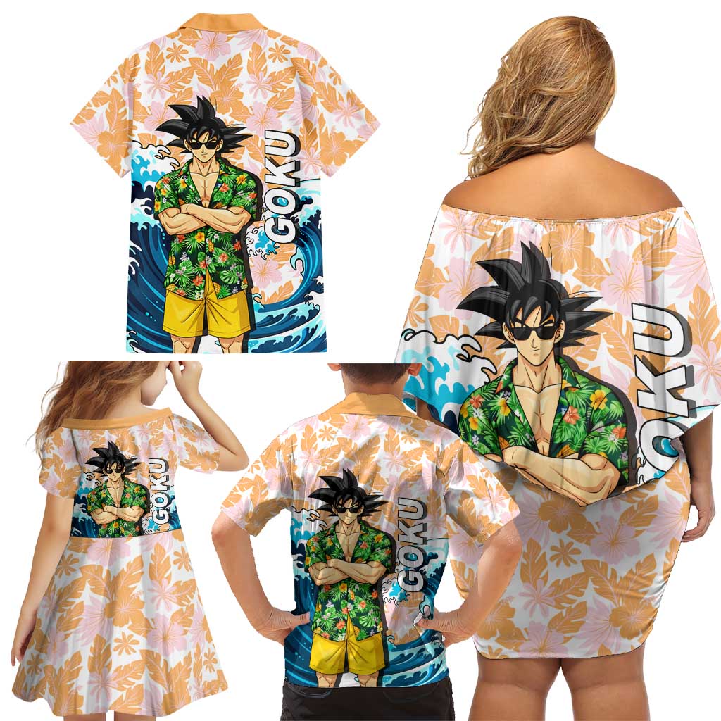 Goku Dragon Ball Summer Theme Family Matching Off Shoulder Short Dress and Hawaiian Shirt with Tropical Floral Shirt Sunglasses Shenron and Ocean Wave Background