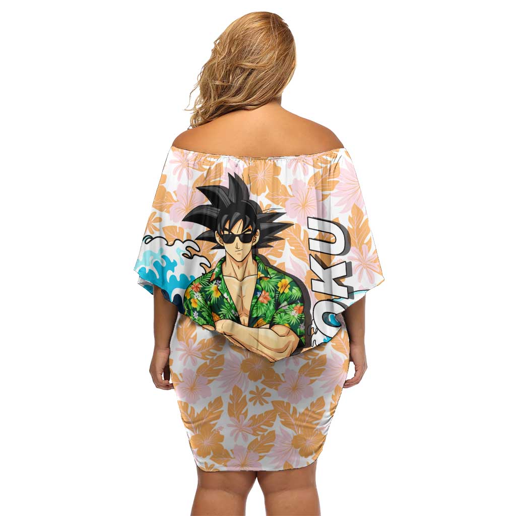 Goku Dragon Ball Summer Theme Family Matching Off Shoulder Short Dress and Hawaiian Shirt with Tropical Floral Shirt Sunglasses Shenron and Ocean Wave Background