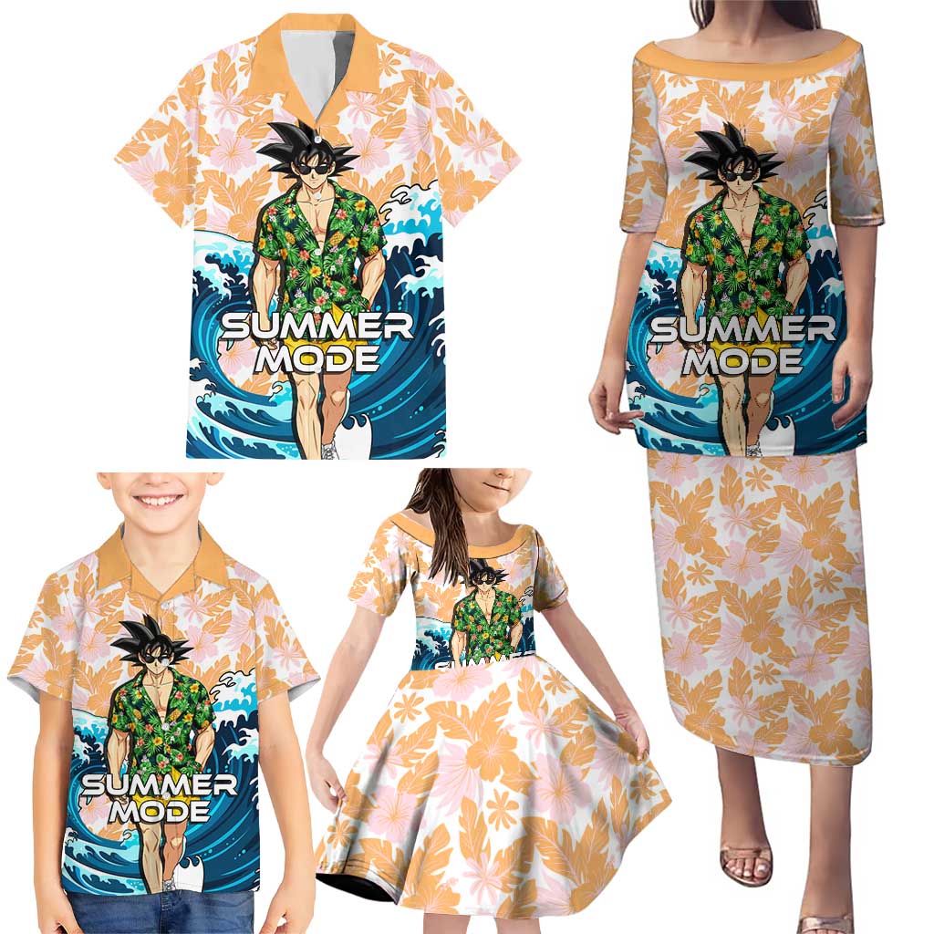 Goku Dragon Ball Summer Theme Family Matching Puletasi and Hawaiian Shirt with Tropical Floral Shirt Sunglasses Shenron and Ocean Wave Background