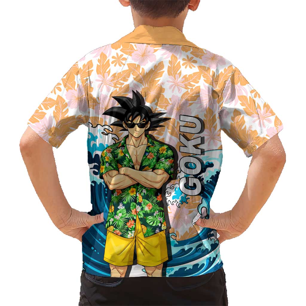 Goku Dragon Ball Summer Theme Family Matching Puletasi and Hawaiian Shirt with Tropical Floral Shirt Sunglasses Shenron and Ocean Wave Background