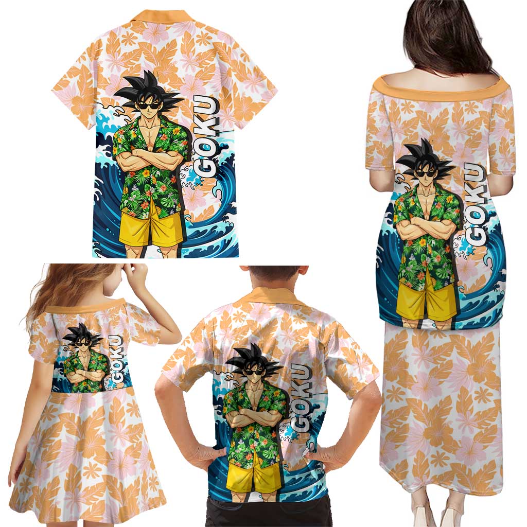 Goku Dragon Ball Summer Theme Family Matching Puletasi and Hawaiian Shirt with Tropical Floral Shirt Sunglasses Shenron and Ocean Wave Background
