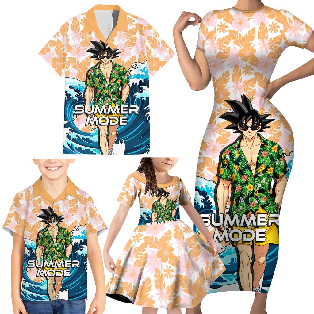 Goku Dragon Ball Summer Theme Family Matching Short Sleeve Bodycon Dress and Hawaiian Shirt with Tropical Floral Shirt Sunglasses Shenron and Ocean Wave Background