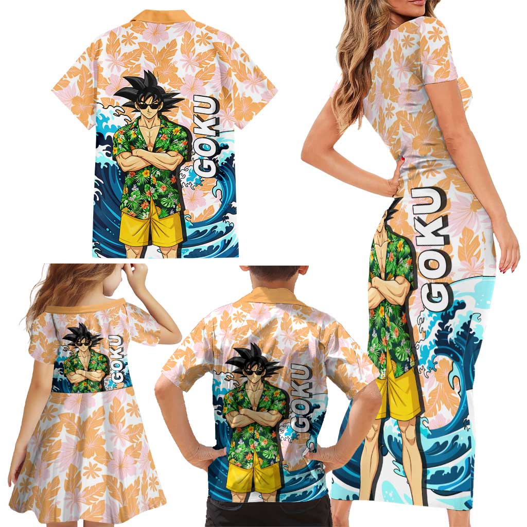 Goku Dragon Ball Summer Theme Family Matching Short Sleeve Bodycon Dress and Hawaiian Shirt with Tropical Floral Shirt Sunglasses Shenron and Ocean Wave Background