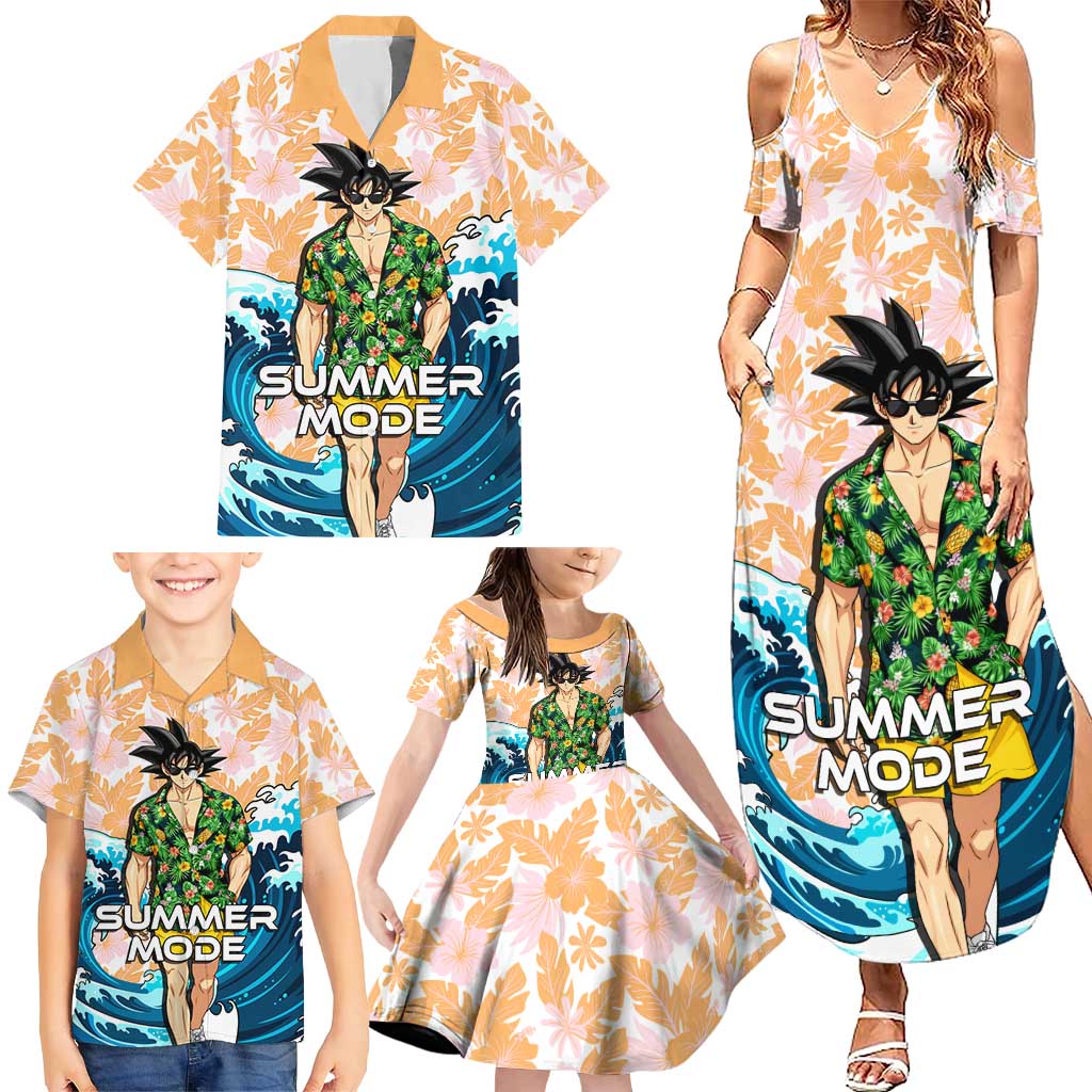 Goku Dragon Ball Summer Theme Family Matching Summer Maxi Dress and Hawaiian Shirt with Tropical Floral Shirt Sunglasses Shenron and Ocean Wave Background