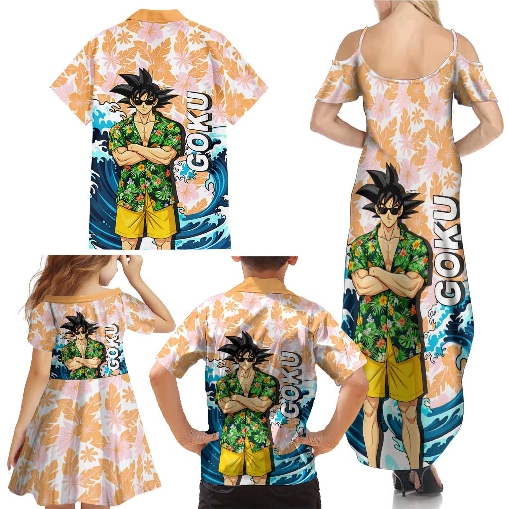 Goku Dragon Ball Summer Theme Family Matching Summer Maxi Dress and Hawaiian Shirt with Tropical Floral Shirt Sunglasses Shenron and Ocean Wave Background