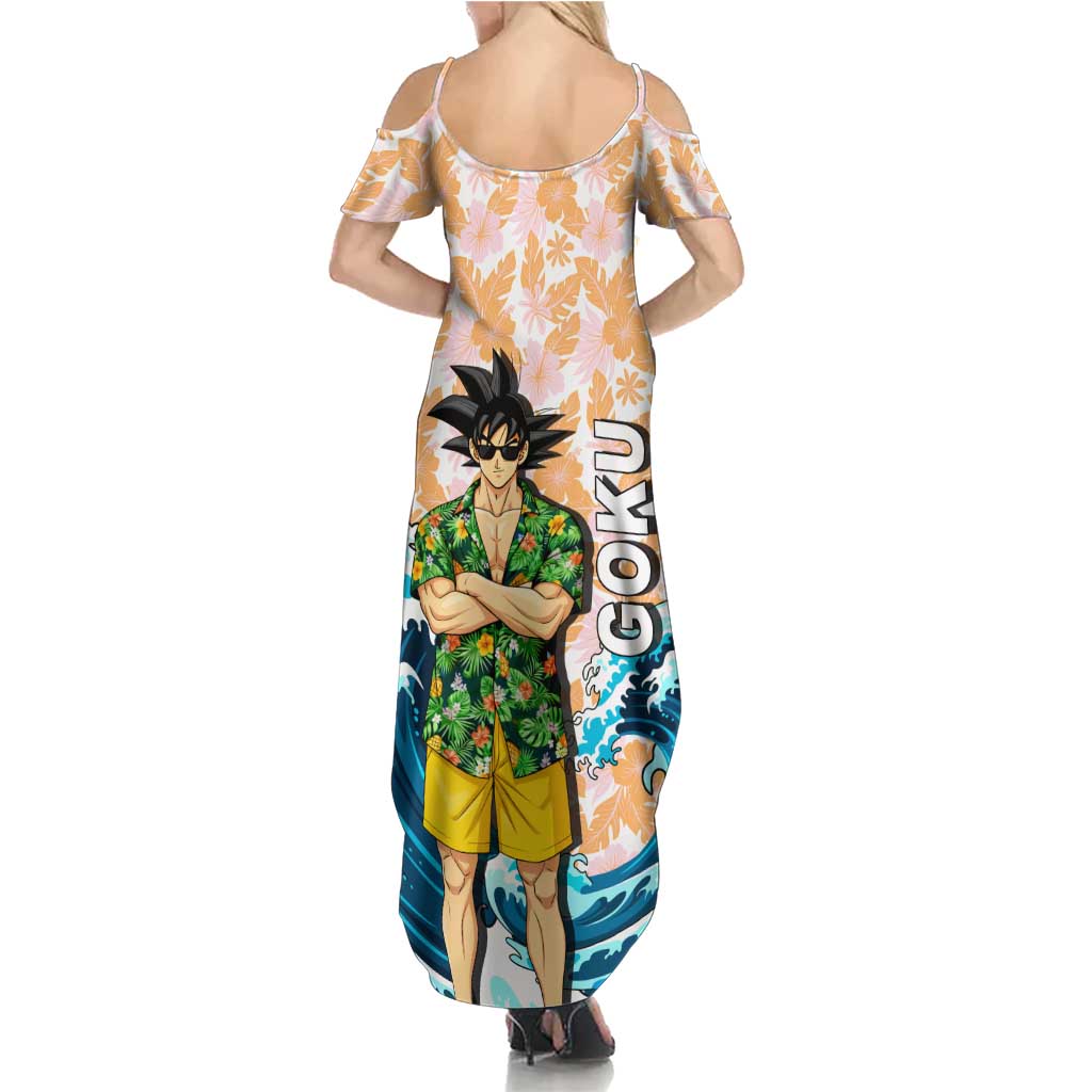 Goku Dragon Ball Summer Theme Family Matching Summer Maxi Dress and Hawaiian Shirt with Tropical Floral Shirt Sunglasses Shenron and Ocean Wave Background