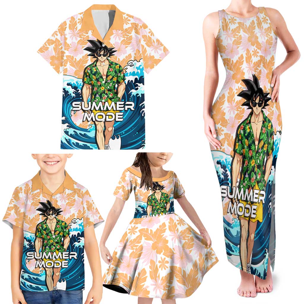 Goku Dragon Ball Summer Theme Family Matching Tank Maxi Dress and Hawaiian Shirt with Tropical Floral Shirt Sunglasses Shenron and Ocean Wave Background