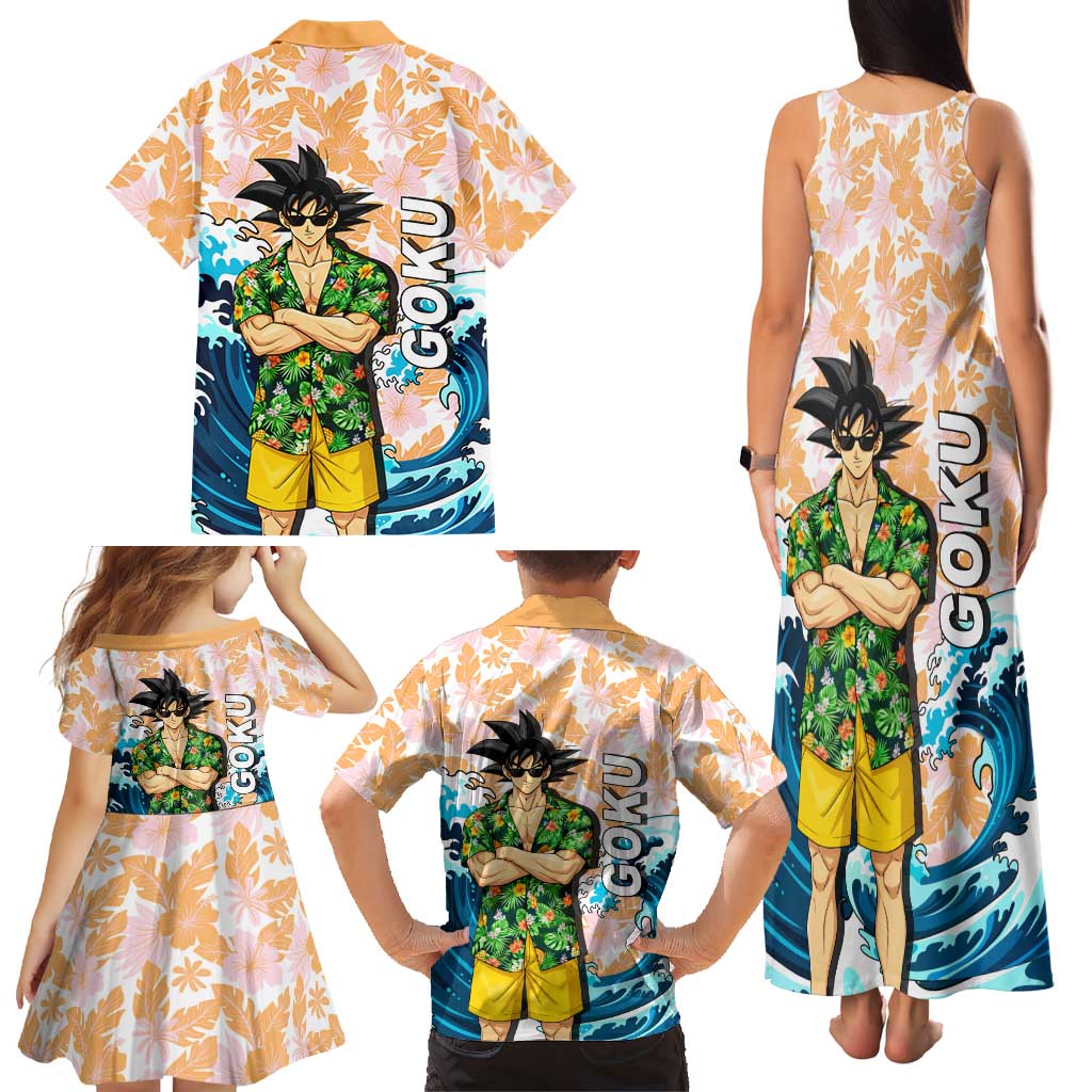 Goku Dragon Ball Summer Theme Family Matching Tank Maxi Dress and Hawaiian Shirt with Tropical Floral Shirt Sunglasses Shenron and Ocean Wave Background
