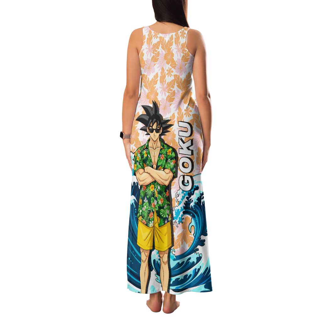 Goku Dragon Ball Summer Theme Family Matching Tank Maxi Dress and Hawaiian Shirt with Tropical Floral Shirt Sunglasses Shenron and Ocean Wave Background
