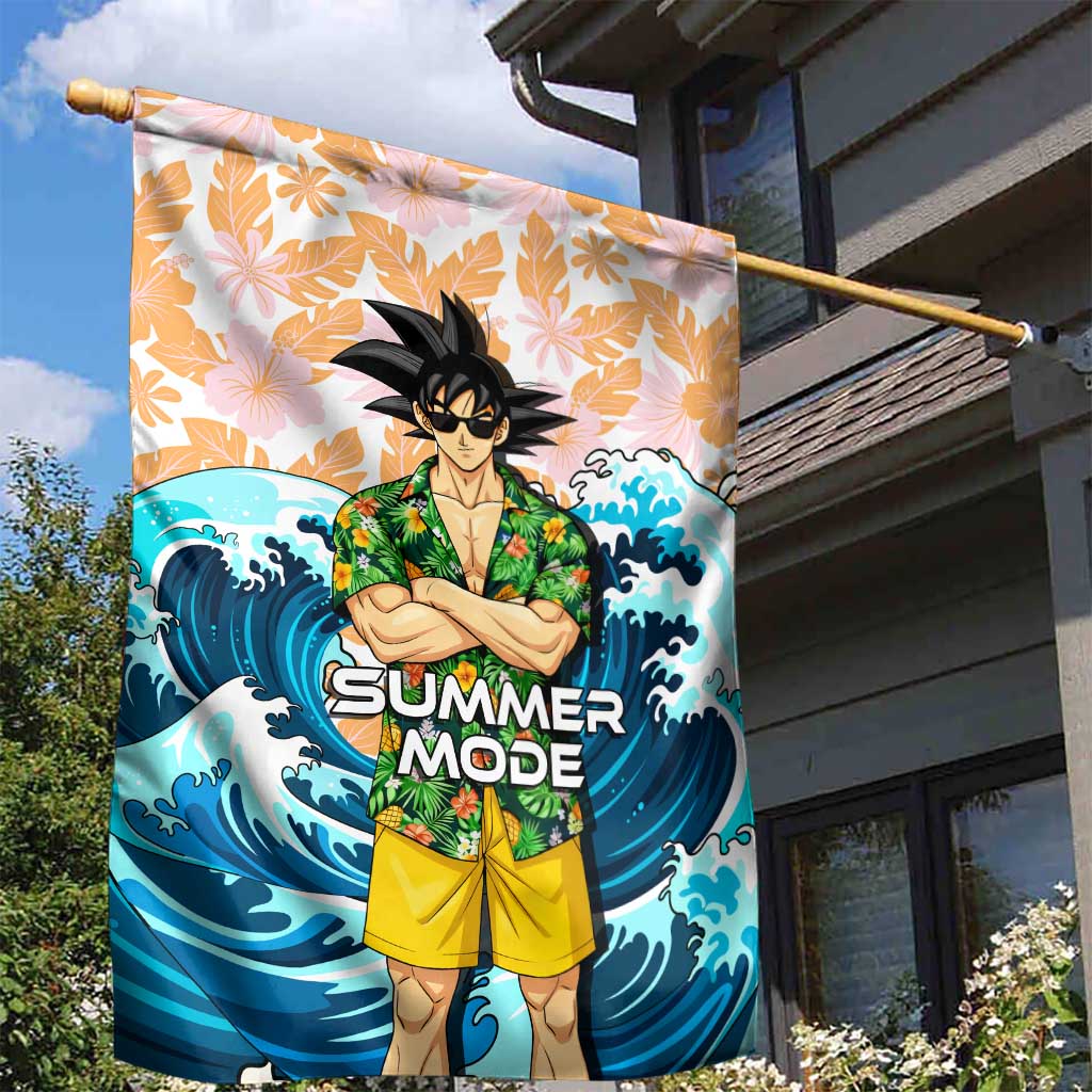 Goku Dragon Ball Summer Theme Garden Flag with Tropical Floral Shirt Sunglasses Shenron and Ocean Wave Background - The Mazicc