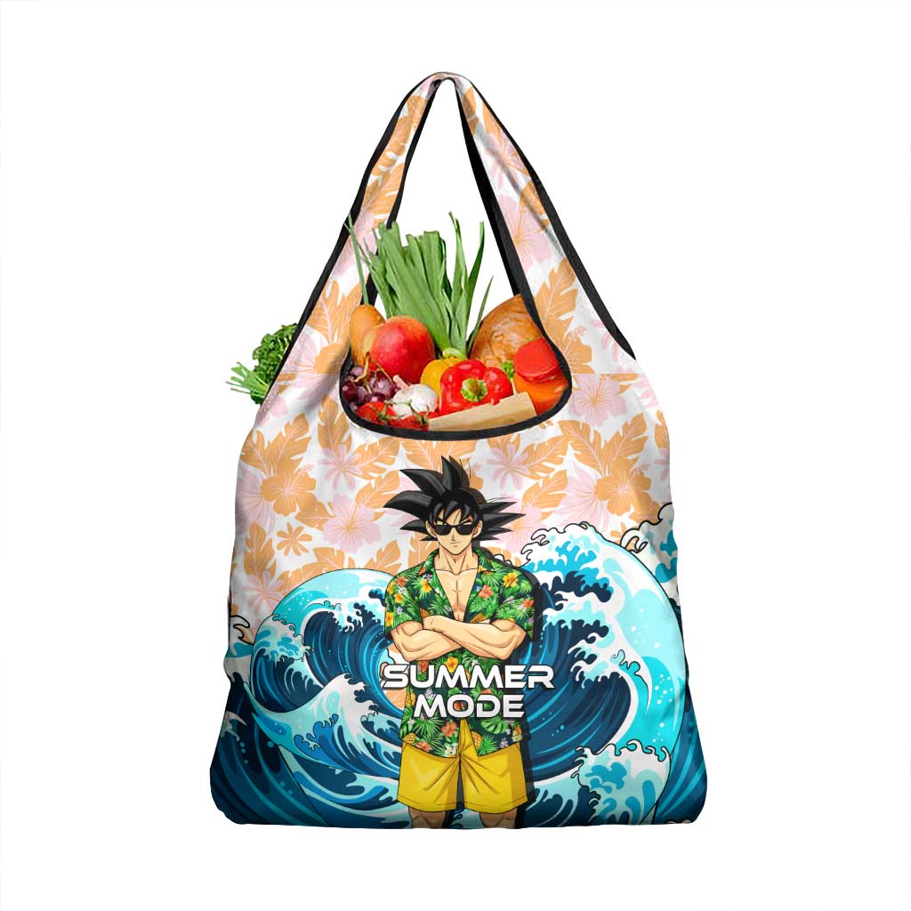 Goku Dragon Ball Summer Theme Grocery Bag with Tropical Floral Shirt Sunglasses Shenron and Ocean Wave Background - The Mazicc
