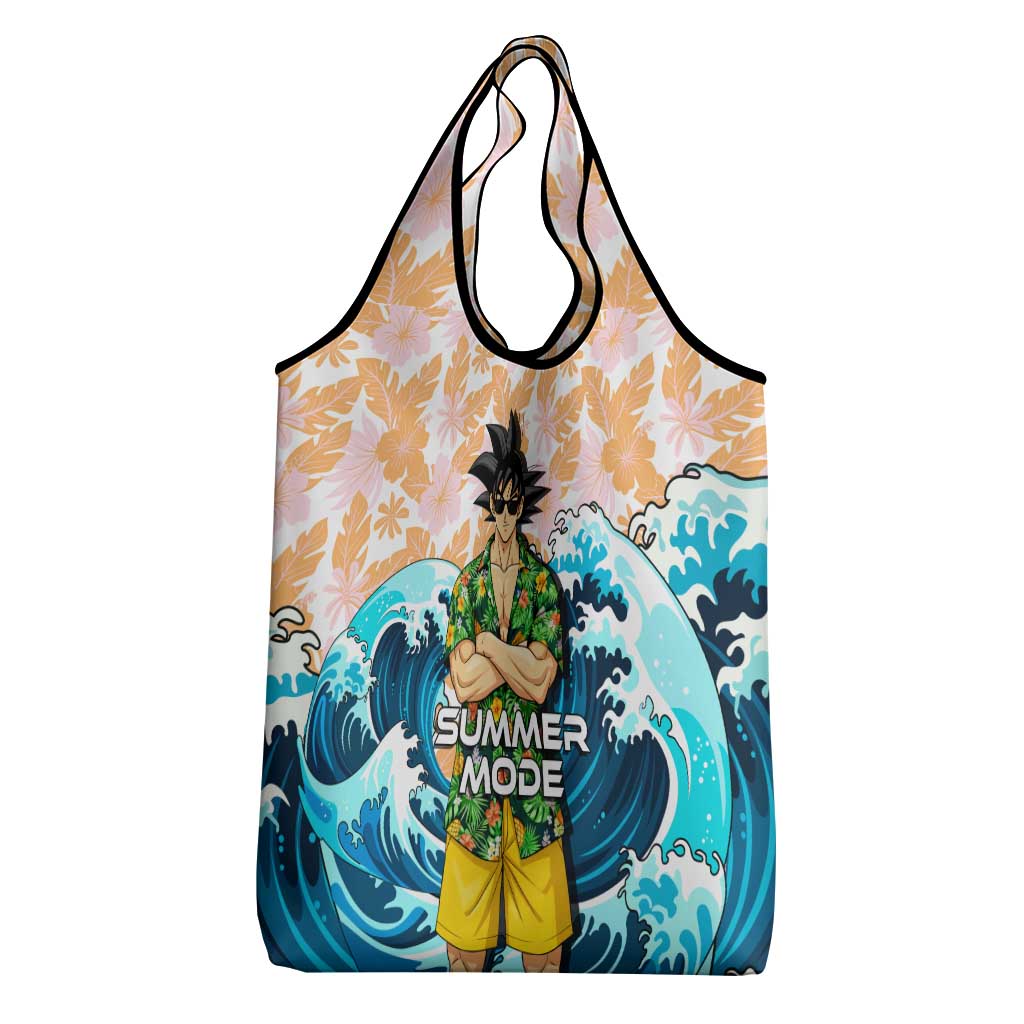 Goku Dragon Ball Summer Theme Grocery Bag with Tropical Floral Shirt Sunglasses Shenron and Ocean Wave Background - The Mazicc
