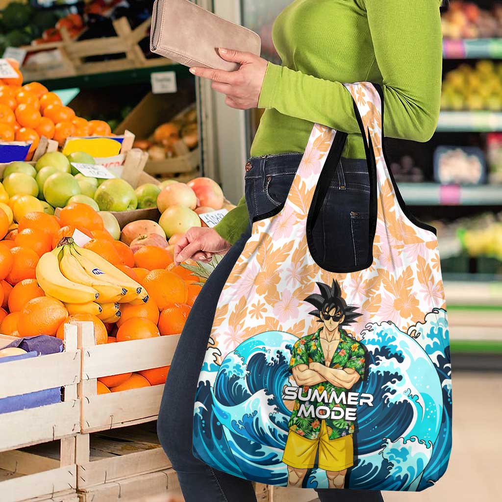 Goku Dragon Ball Summer Theme Grocery Bag with Tropical Floral Shirt Sunglasses Shenron and Ocean Wave Background - The Mazicc