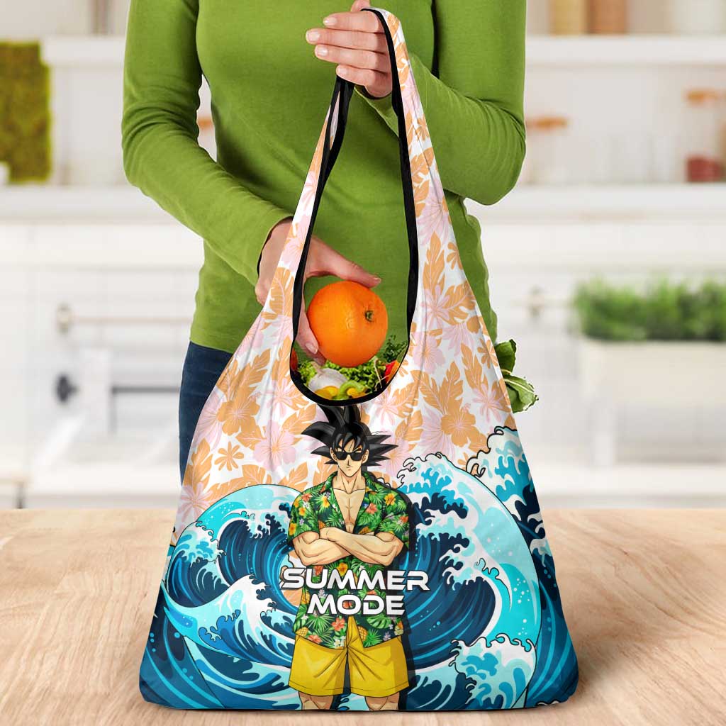 Goku Dragon Ball Summer Theme Grocery Bag with Tropical Floral Shirt Sunglasses Shenron and Ocean Wave Background - The Mazicc