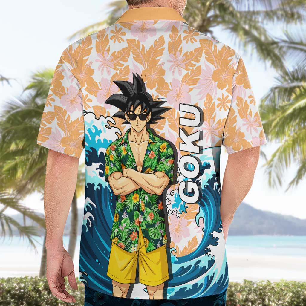Goku Dragon Ball Summer Theme Hawaiian Shirt with Tropical Floral Shirt Sunglasses Shenron and Ocean Wave Background - The Mazicc