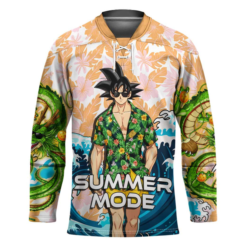 Goku Dragon Ball Summer Theme Hockey Jersey with Tropical Floral Shirt Sunglasses Shenron and Ocean Wave Background - The Mazicc
