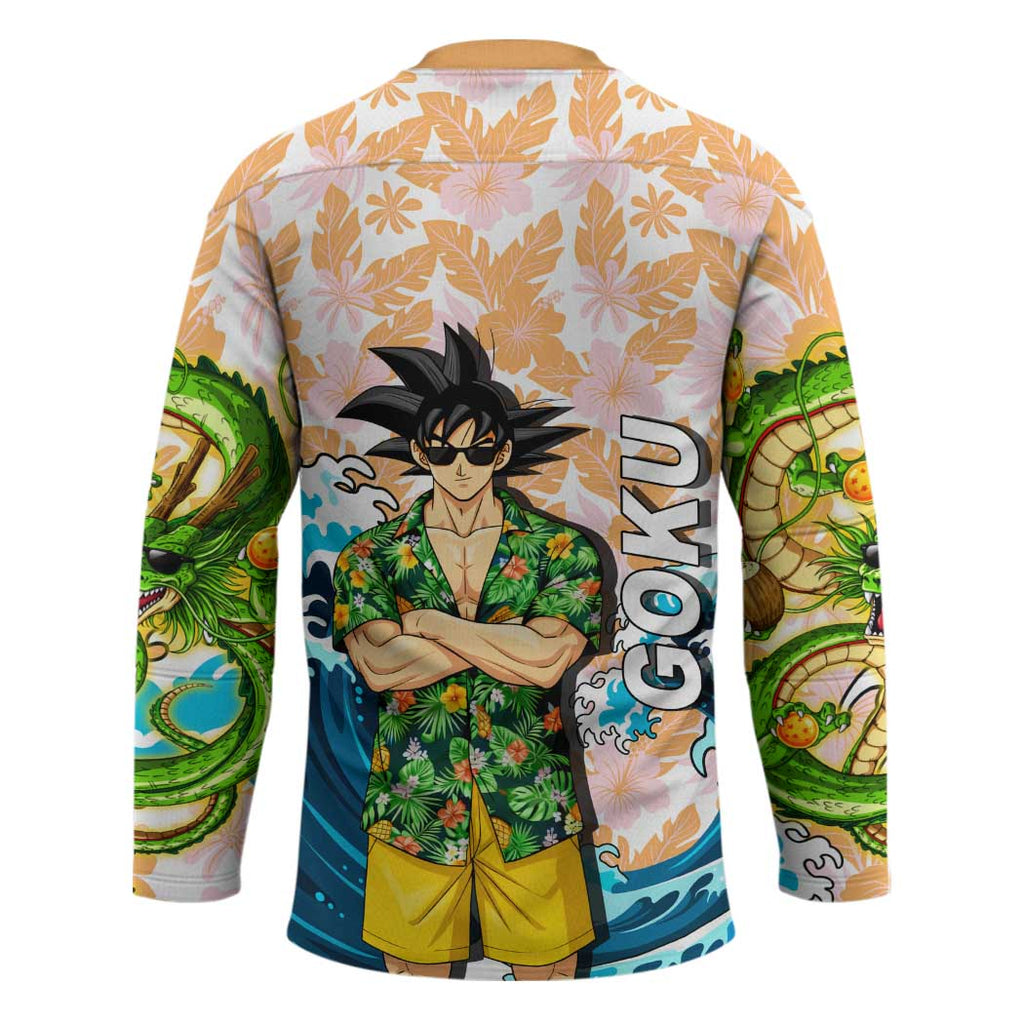 Goku Dragon Ball Summer Theme Hockey Jersey with Tropical Floral Shirt Sunglasses Shenron and Ocean Wave Background - The Mazicc