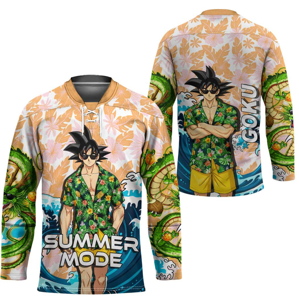 Goku Dragon Ball Summer Theme Hockey Jersey with Tropical Floral Shirt Sunglasses Shenron and Ocean Wave Background - The Mazicc