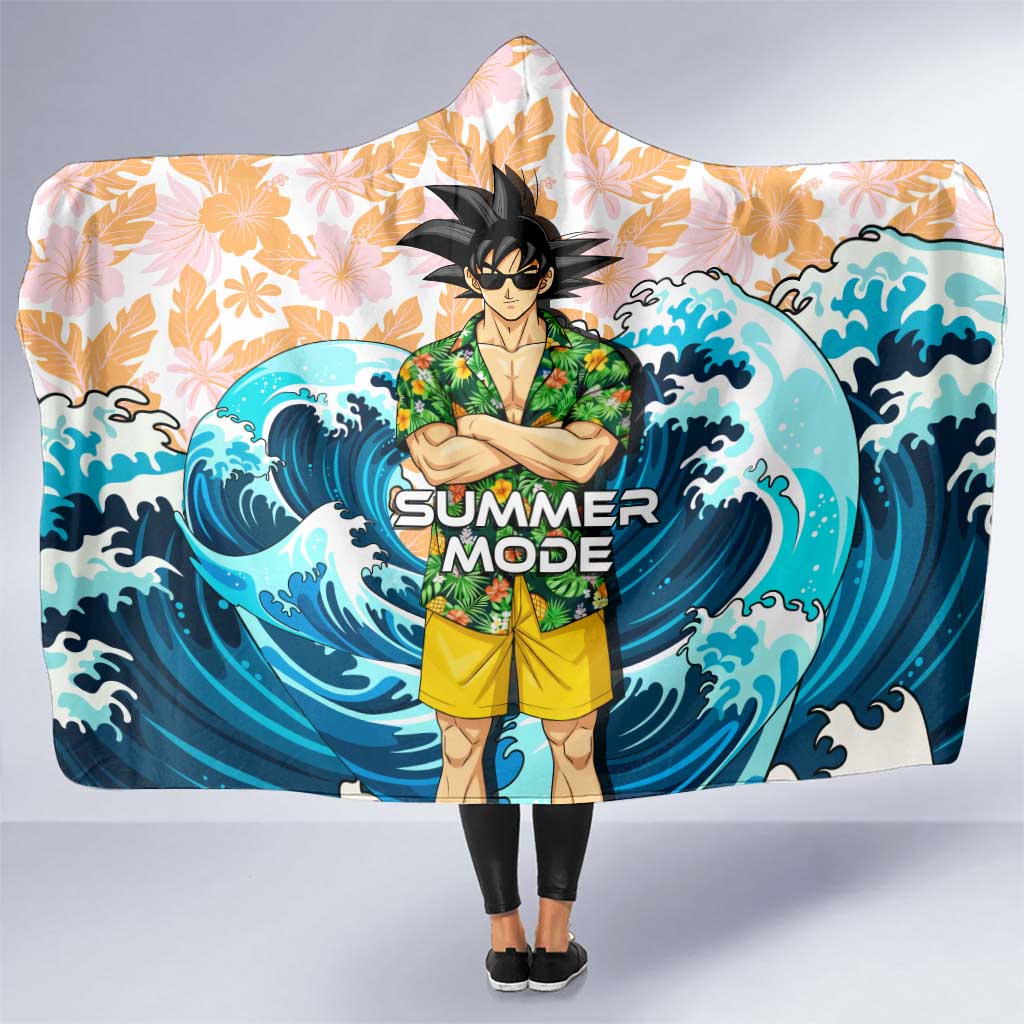 Goku Dragon Ball Summer Theme Hooded Blanket with Tropical Floral Shirt Sunglasses Shenron and Ocean Wave Background - The Mazicc
