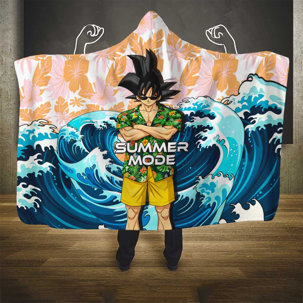 Goku Dragon Ball Summer Theme Hooded Blanket with Tropical Floral Shirt Sunglasses Shenron and Ocean Wave Background - The Mazicc