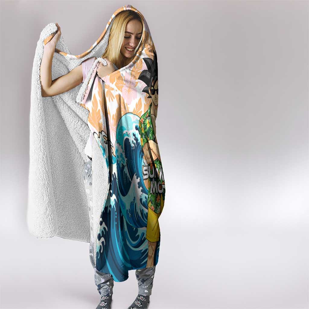 Goku Dragon Ball Summer Theme Hooded Blanket with Tropical Floral Shirt Sunglasses Shenron and Ocean Wave Background - The Mazicc
