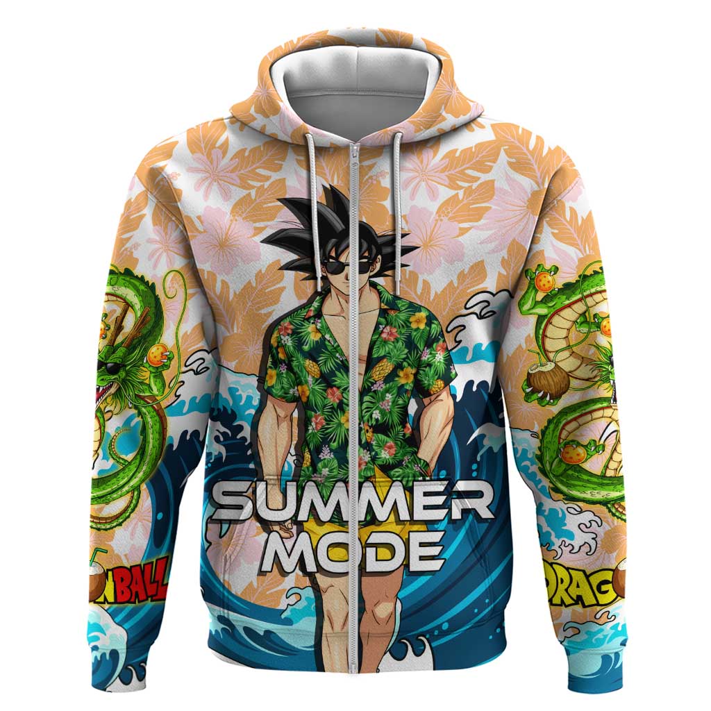 Goku Dragon Ball Summer Theme Hoodie with Tropical Floral Shirt Sunglasses Shenron and Ocean Wave Background - The Mazicc