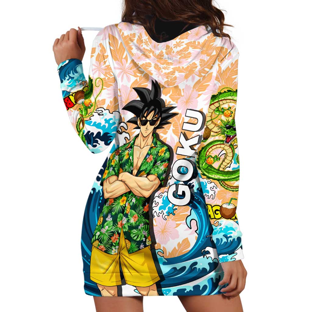 Goku Dragon Ball Summer Theme Hoodie Dress with Tropical Floral Shirt Sunglasses Shenron and Ocean Wave Background - The Mazicc