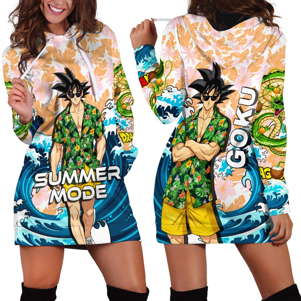 Goku Dragon Ball Summer Theme Hoodie Dress with Tropical Floral Shirt Sunglasses Shenron and Ocean Wave Background - The Mazicc