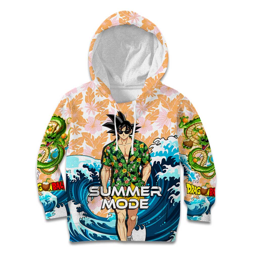 Goku Dragon Ball Summer Theme Kid Hoodie with Tropical Floral Shirt Sunglasses Shenron and Ocean Wave Background - The Mazicc
