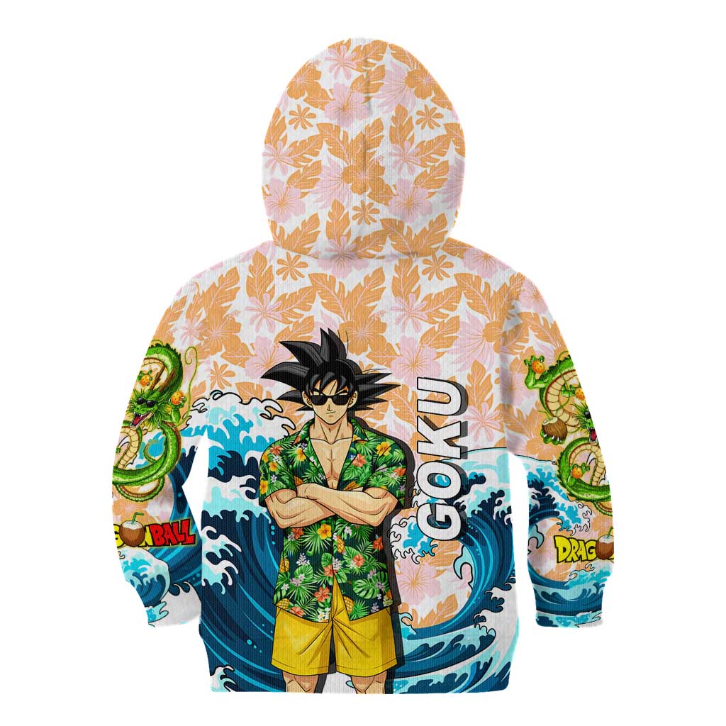 Goku Dragon Ball Summer Theme Kid Hoodie with Tropical Floral Shirt Sunglasses Shenron and Ocean Wave Background - The Mazicc