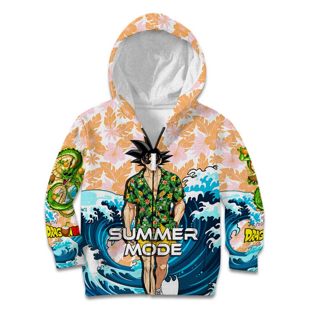 Goku Dragon Ball Summer Theme Kid Hoodie with Tropical Floral Shirt Sunglasses Shenron and Ocean Wave Background - The Mazicc