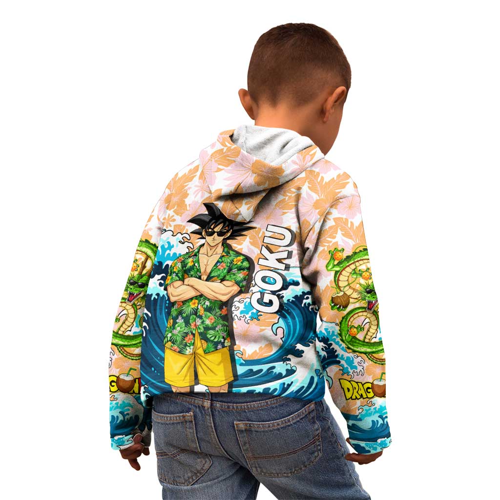Goku Dragon Ball Summer Theme Kid Hoodie with Tropical Floral Shirt Sunglasses Shenron and Ocean Wave Background - The Mazicc