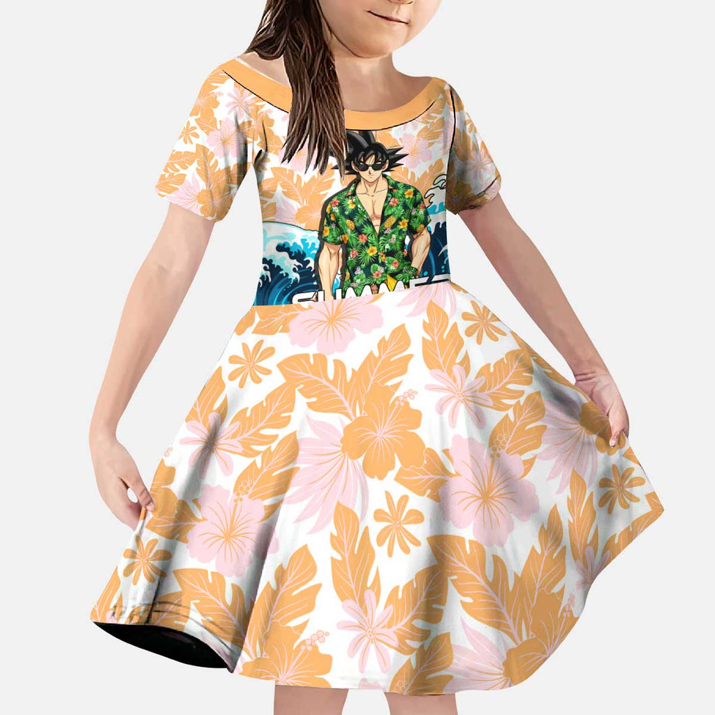 Goku Dragon Ball Summer Theme Kid Short Sleeve Dress with Tropical Floral Shirt Sunglasses Shenron and Ocean Wave Background - The Mazicc