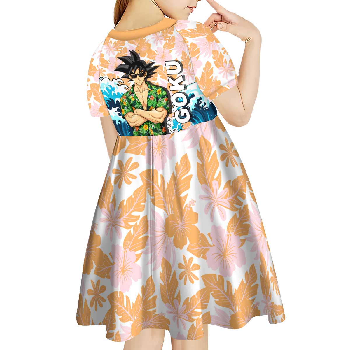 Goku Dragon Ball Summer Theme Kid Short Sleeve Dress with Tropical Floral Shirt Sunglasses Shenron and Ocean Wave Background - The Mazicc