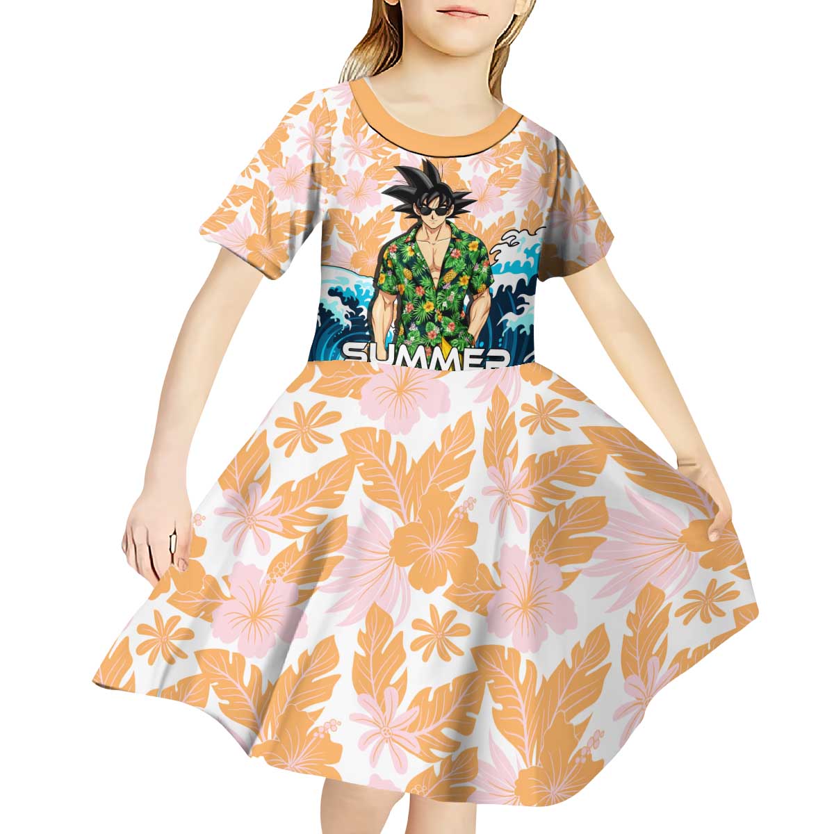 Goku Dragon Ball Summer Theme Kid Short Sleeve Dress with Tropical Floral Shirt Sunglasses Shenron and Ocean Wave Background - The Mazicc