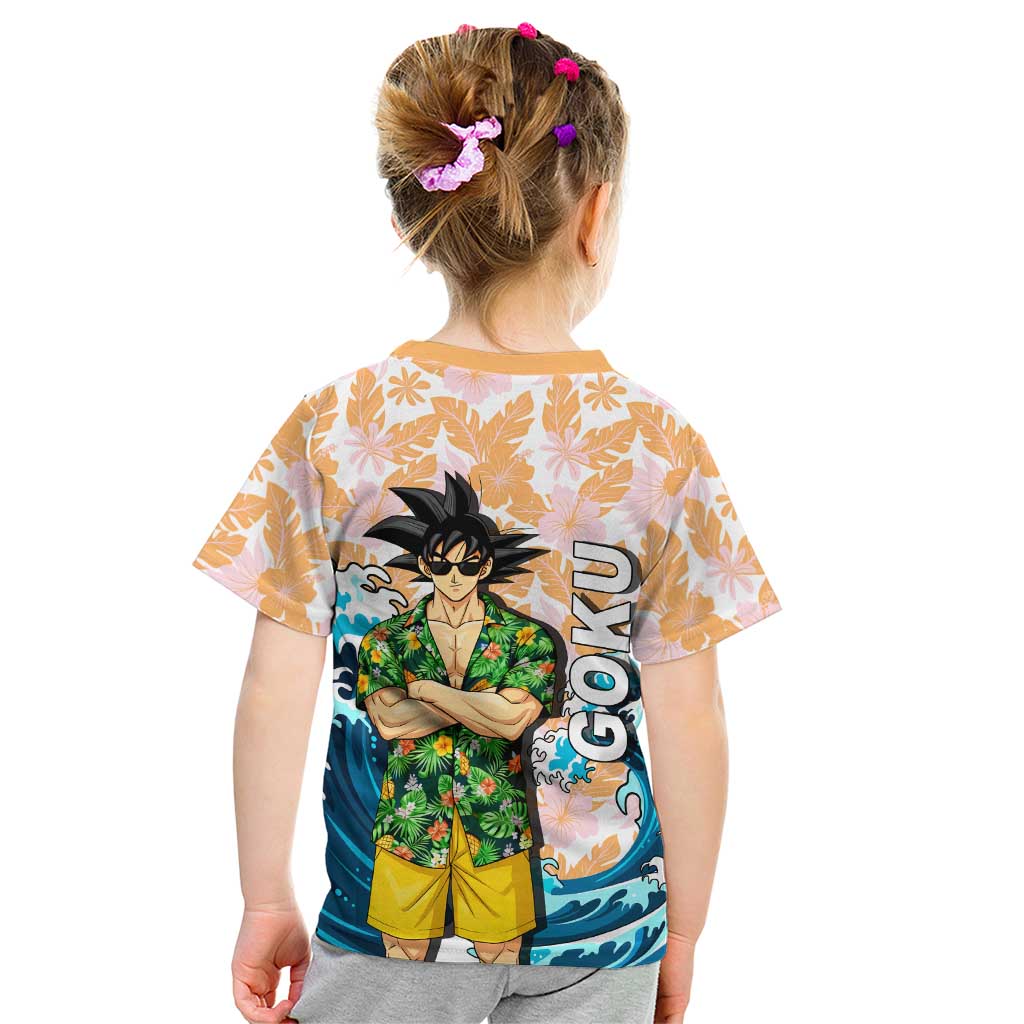 Goku Dragon Ball Summer Theme Kid T Shirt with Tropical Floral Shirt Sunglasses Shenron and Ocean Wave Background - The Mazicc