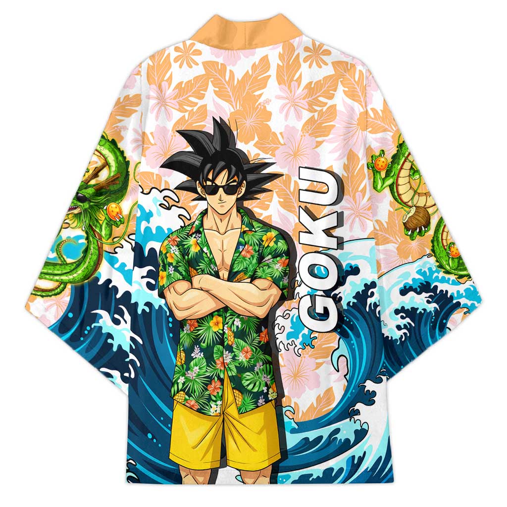 Goku Dragon Ball Summer Theme Kimono with Tropical Floral Shirt Sunglasses Shenron and Ocean Wave Background - The Mazicc