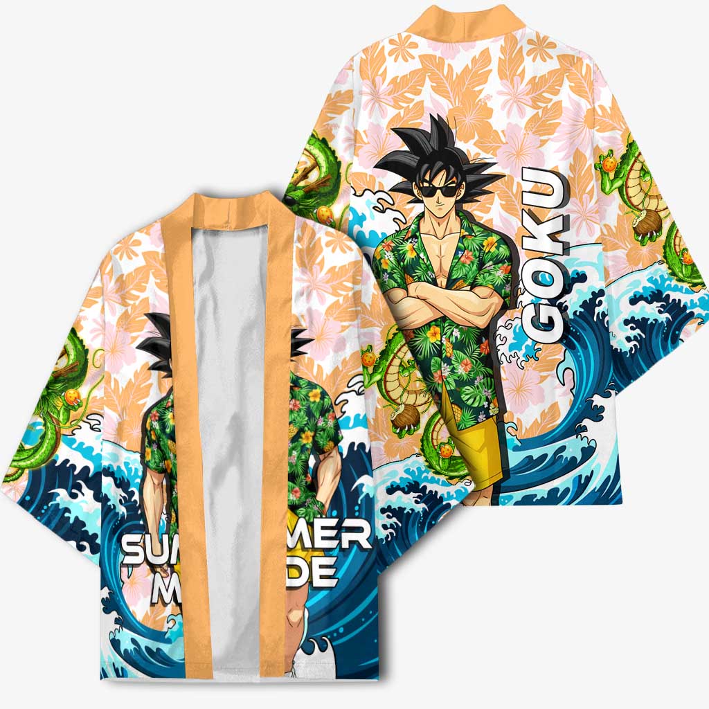 Goku Dragon Ball Summer Theme Kimono with Tropical Floral Shirt Sunglasses Shenron and Ocean Wave Background - The Mazicc
