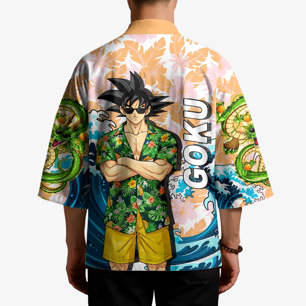 Goku Dragon Ball Summer Theme Kimono with Tropical Floral Shirt Sunglasses Shenron and Ocean Wave Background - The Mazicc