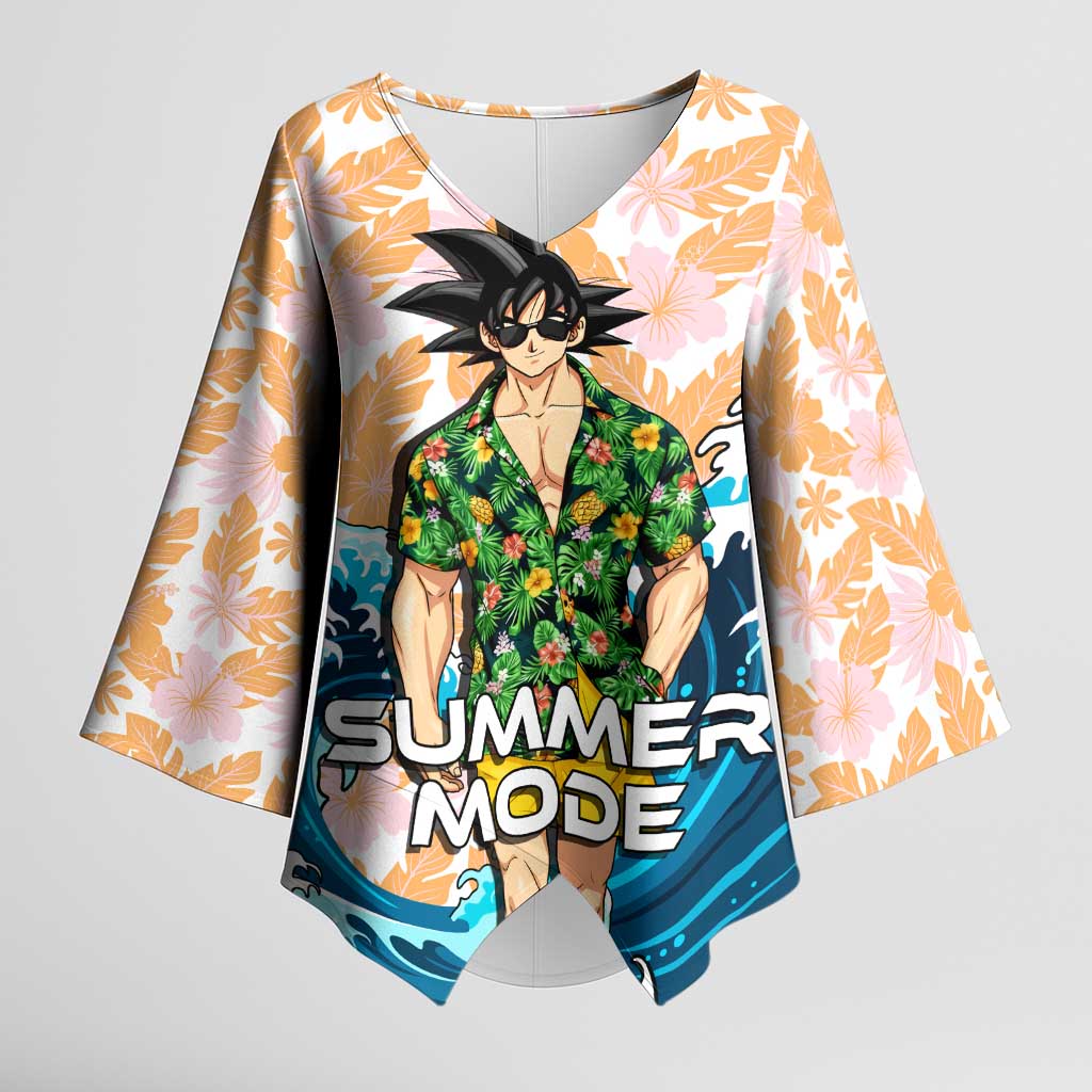 Goku Dragon Ball Summer Theme Kimono Sleeve Blouse with Tropical Floral Shirt Sunglasses Shenron and Ocean Wave Background - The Mazicc