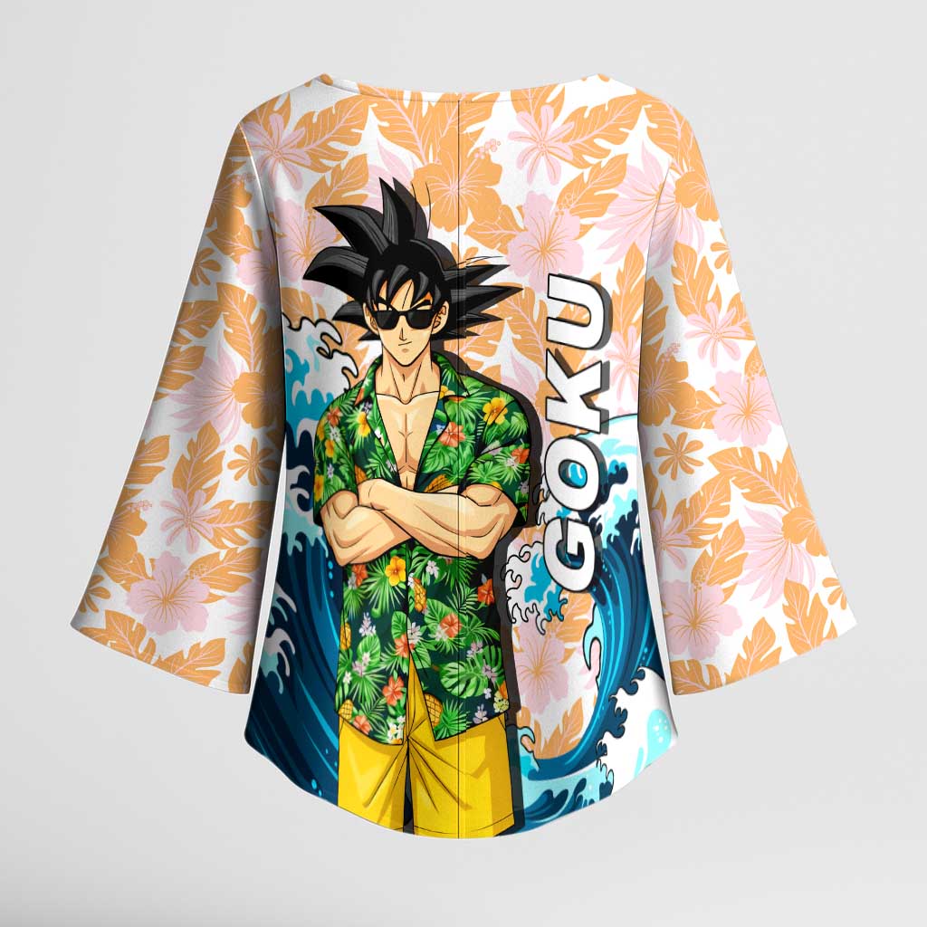 Goku Dragon Ball Summer Theme Kimono Sleeve Blouse with Tropical Floral Shirt Sunglasses Shenron and Ocean Wave Background - The Mazicc