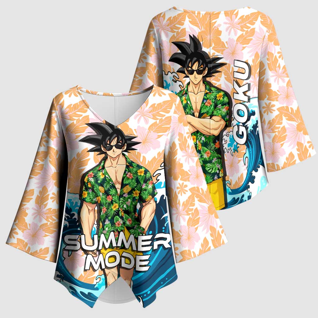 Goku Dragon Ball Summer Theme Kimono Sleeve Blouse with Tropical Floral Shirt Sunglasses Shenron and Ocean Wave Background - The Mazicc