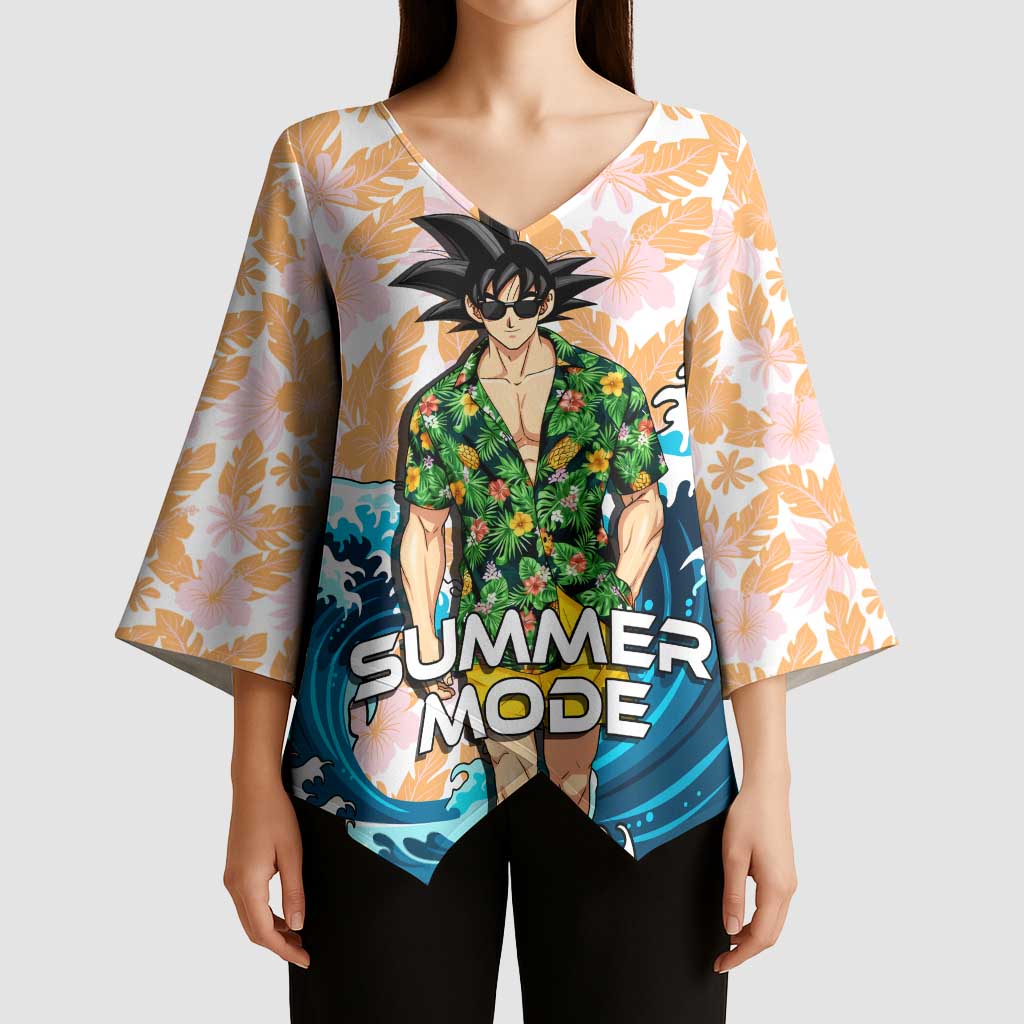 Goku Dragon Ball Summer Theme Kimono Sleeve Blouse with Tropical Floral Shirt Sunglasses Shenron and Ocean Wave Background - The Mazicc
