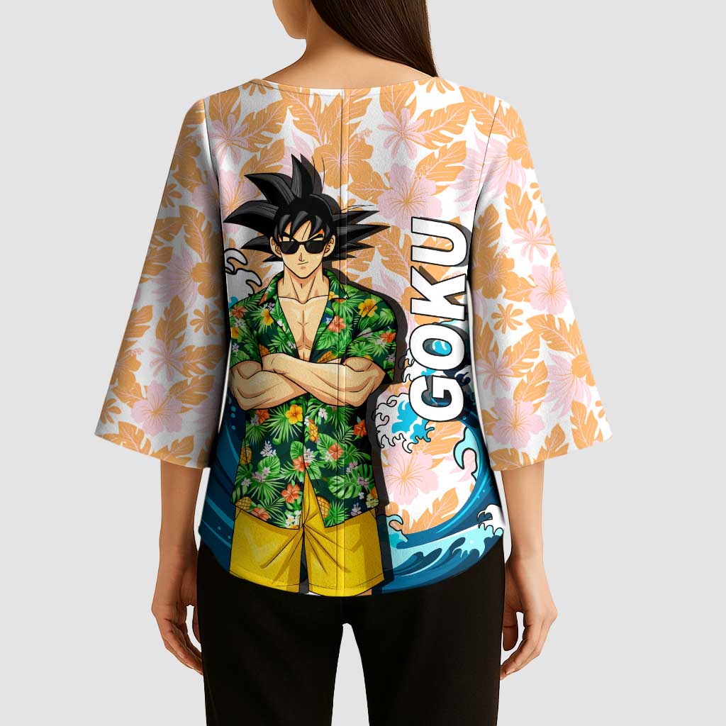 Goku Dragon Ball Summer Theme Kimono Sleeve Blouse with Tropical Floral Shirt Sunglasses Shenron and Ocean Wave Background - The Mazicc