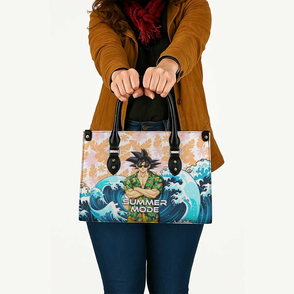 Goku Dragon Ball Summer Theme Leather Bag with Tropical Floral Shirt Sunglasses Shenron and Ocean Wave Background - The Mazicc