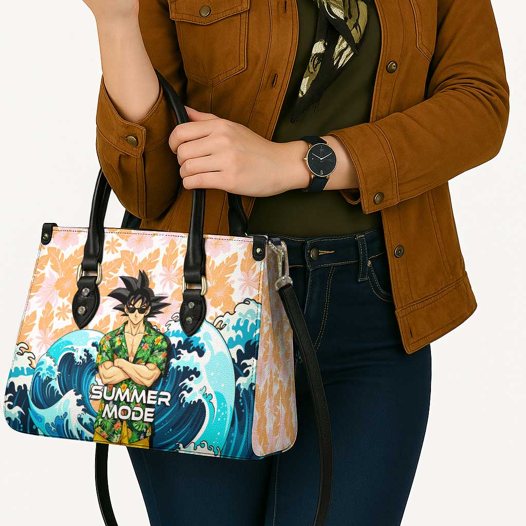 Goku Dragon Ball Summer Theme Leather Bag with Tropical Floral Shirt Sunglasses Shenron and Ocean Wave Background - The Mazicc