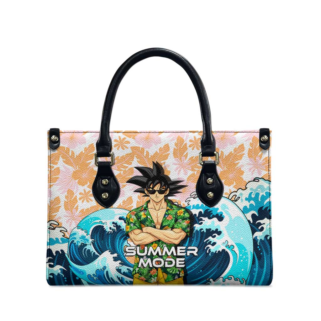 Goku Dragon Ball Summer Theme Leather Bag with Tropical Floral Shirt Sunglasses Shenron and Ocean Wave Background - The Mazicc
