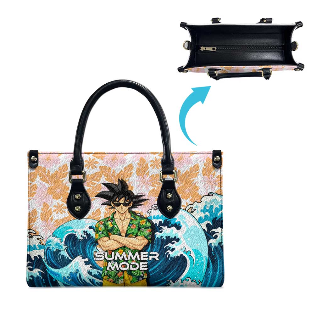 Goku Dragon Ball Summer Theme Leather Bag with Tropical Floral Shirt Sunglasses Shenron and Ocean Wave Background - The Mazicc
