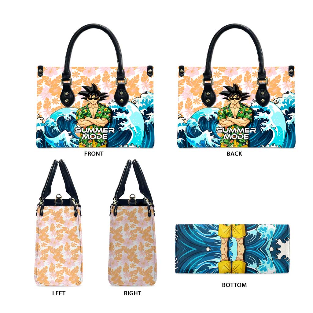 Goku Dragon Ball Summer Theme Leather Bag with Tropical Floral Shirt Sunglasses Shenron and Ocean Wave Background - The Mazicc